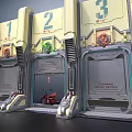 Sci-Fi Scene With Numbered 1 2 3 Mechanical Doors Indicator Lights And Red Motorcycle