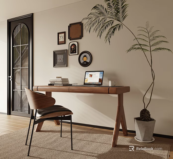 Modern Wooden Desk Interior Setup With Laptop Books Chair And Green Plant 3d model 