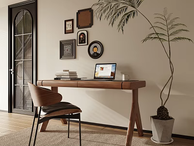 Modern Wooden Desk Interior Setup With Laptop Books Chair And Green Plant 3d model