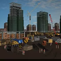 Busy Construction Site With Tall Buildings Cranes Heavy Machinery Materials And Workers 3d model