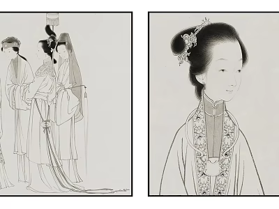 Chinese Traditional Figure Painting Depicting Classical Noble Ladies in Traditional Clothing With Exquisite Hair Accessories 3d model