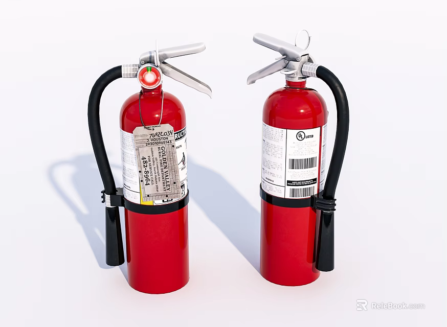 Red Portable Fire Extinguishers with Black Hoses and Safety Labels 3d model