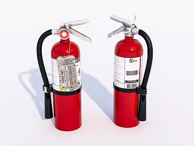 Red Portable Fire Extinguishers with Black Hoses and Safety Labels 3d model