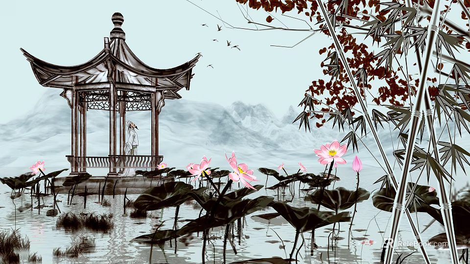 Scenic Chinese Landscape Featuring Traditional Pavilion Lotus Flowers Leaves Bamboo Distant Mountains and Flying Birds 3d model 