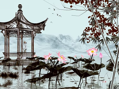 Ink Style Ink Landscape Ink Ancient Style Ink Pavilion 3d model