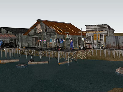 Rustic Wooden Stilt Houses On Water With Brown Roofs Clotheslines And Figures 3d model