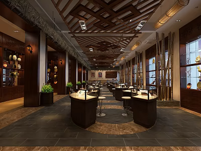 Traditional Restaurant Interior with Wooden Grid Ceiling Round Bar Counters Hanging Lamps and Green Plants 3d model