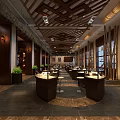Traditional Restaurant Interior with Wooden Grid Ceiling Round Bar Counters Hanging Lamps and Green Plants