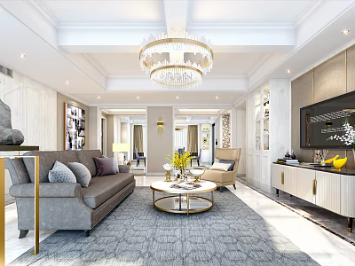 Elegant Modern Living Room Interior With Gray Sofa Round Coffee Table And Crystal Chandelier 3d model