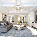 Elegant Modern Living Room Interior With Gray Sofa Round Coffee Table And Crystal Chandelier