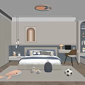 Cozy Modern Bedroom Interior With Bed Framed Artwork Ceiling Lamp Desk Bookshelves Rug And Toys