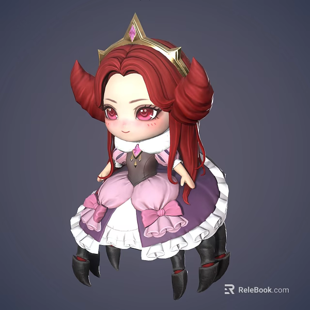 Cute Game and Movie Character with Red Hair Golden Crown and Pink Purple Dress 3d model 