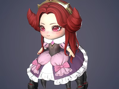 Cute Game and Movie Character with Red Hair Golden Crown and Pink Purple Dress 3d model