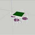 Square Entertainment Table with Green Top and Four Chairs with Purple Cushions and White Legs
