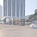 Modern Office Building With Glass Curtain Wall And Landscaped Entrance Lobby Surroundings