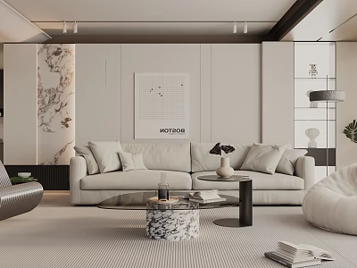 Modern Living Room Interior With Light Sofa Marble Coffee Table Artwork And Recessed Lights 3d model