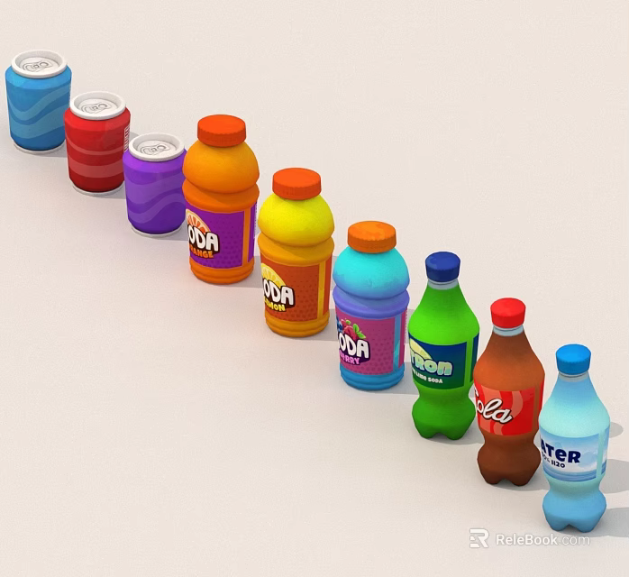 Assorted Colorful Beverage Bottles and Cans with Soda Cola Water Labels 3d model 