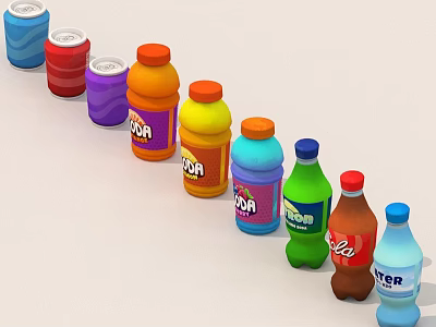 Assorted Colorful Beverage Bottles and Cans with Soda Cola Water Labels 3d model