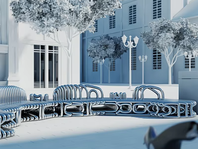 Modern Landscape Seating In Urban Plaza With Trees Street Lamps And Curved Design 3d model