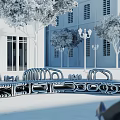 Modern Landscape Seating In Urban Plaza With Trees Street Lamps And Curved Design