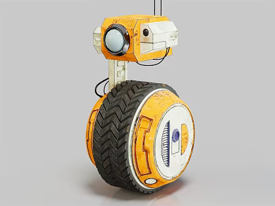 Orange And White Mechanical Robot Character With Large Tire And Camera Sensor Design 3d model
