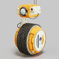 Orange And White Mechanical Robot Character With Large Tire And Camera Sensor Design 3d model