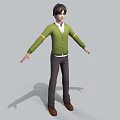A man in green cardigan white shirt brown pants brown shoes with arms outstretched