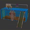 Blue Container Structure With Upper Platform Railing Chair Wooden Floor And Ladders 3d model