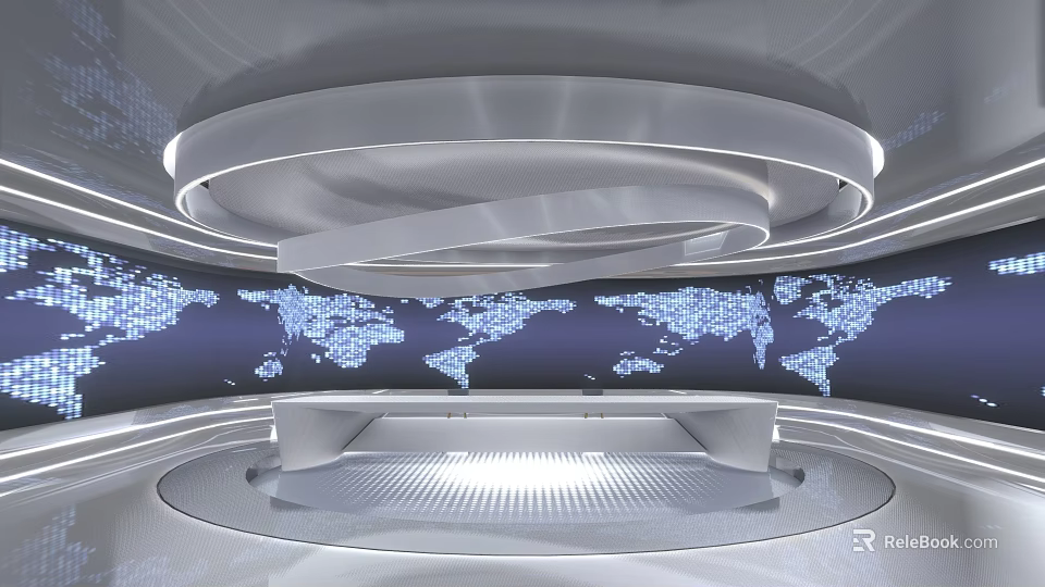 Modern Tech Studio Interior With Circular Lighting And World Map 3d model