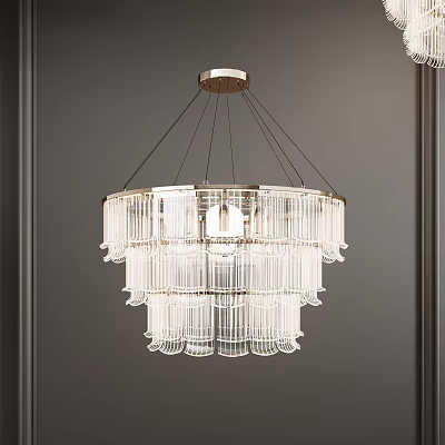Modern Crystal Chandelier Multi Layered Design With Gold Metal Frame Hanging From Dark Ceiling 3d model