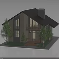 Modern Gabled House With Chimney Wooden Balcony Steps Trees and Grass