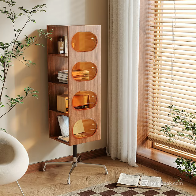 Modern Wooden Storage Shelf With Circular Transparent Doors Books Decor In Room With Plants Window 3d model 