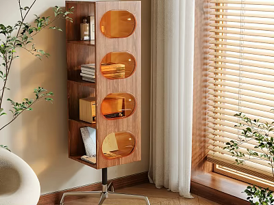 Modern Wooden Storage Shelf With Circular Transparent Doors Books Decor In Room With Plants Window 3d model