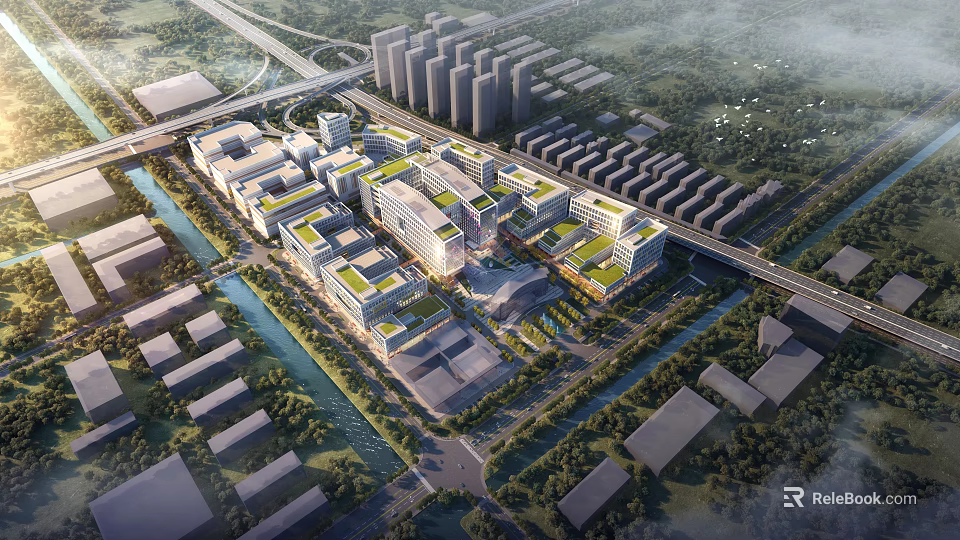 Aerial Planning of Urban Complex With Green Roofs River Road Network and Greenery 3d model 