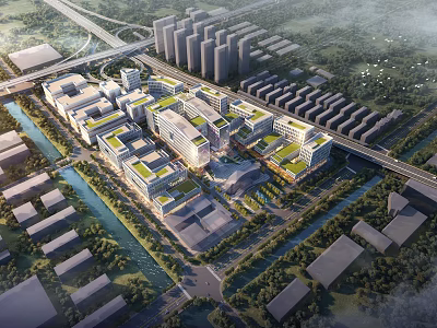 Aerial Planning of Urban Complex With Green Roofs River Road Network and Greenery 3d model