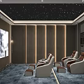 Luxurious Home Theater Interior Design With Starry Ceiling Large Screen And Comfortable Recliners