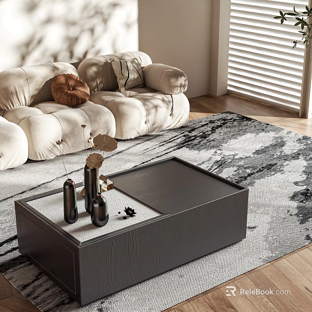 Modern Black Coffee Table with Wooden Accents and Bottles in Living Room with Sofa and Rug 3d model 