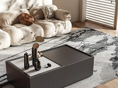 Modern Black Coffee Table with Wooden Accents and Bottles in Living Room with Sofa and Rug 3d model
