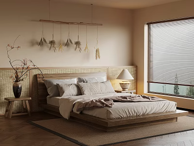 Cozy Bedroom Interior With Woven Headboard Dried Flower Decor Table Lamp And Window Blinds 3d model