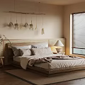 Cozy Bedroom Interior With Woven Headboard Dried Flower Decor Table Lamp And Window Blinds