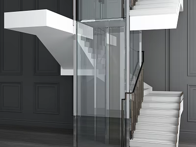 Modern Glass Elevator Design With White Staircase And Gray Interior Walls 3d model