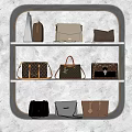 Various Style Bags Displayed On Shelves With LED Lights And Beige Wall Background