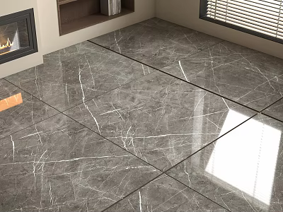 Gray Marble Veined Floor Tiles With Shiny Surface Laid On Indoor Floor Near Fireplace And Window 3d model