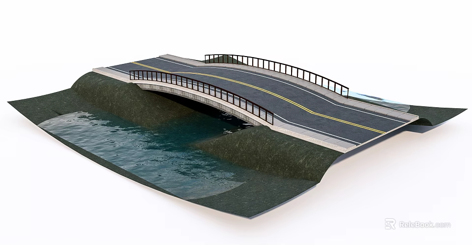 Two Lane Road Bridge With Guardrail Spanning Over Water And Green Bank 3d model 