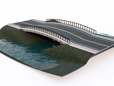 Two Lane Road Bridge With Guardrail Spanning Over Water And Green Bank 3d model