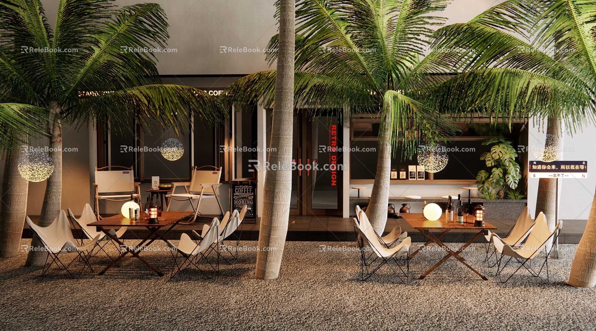 Coffee shop outside outdoor tables and chairs door front facade folding window coconut tree 3d model