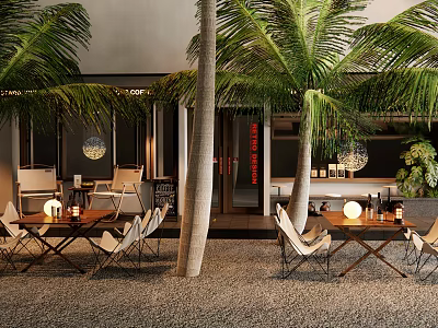 Tropical Outdoor Table Setup With Palm Trees Chairs Lanterns Plants And Gravel Ground 3d model