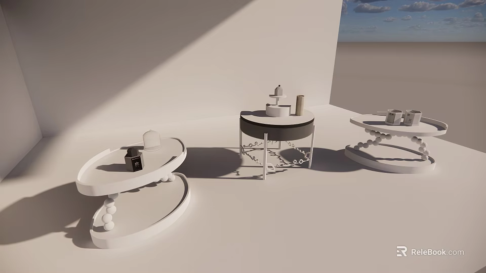 Modern Display Shelves with Oval Round Designs White Black Finishes and Decorative Items 3d model 