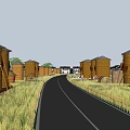 Rural Scenic Landscape With Rice Fields Road Straw Granaries Village And Fu Characters