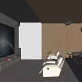 Modern Home Theater Interior With Dark Ceiling Wooden Walls And Reclining Sofas